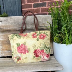 Floral lined tote with leather handles